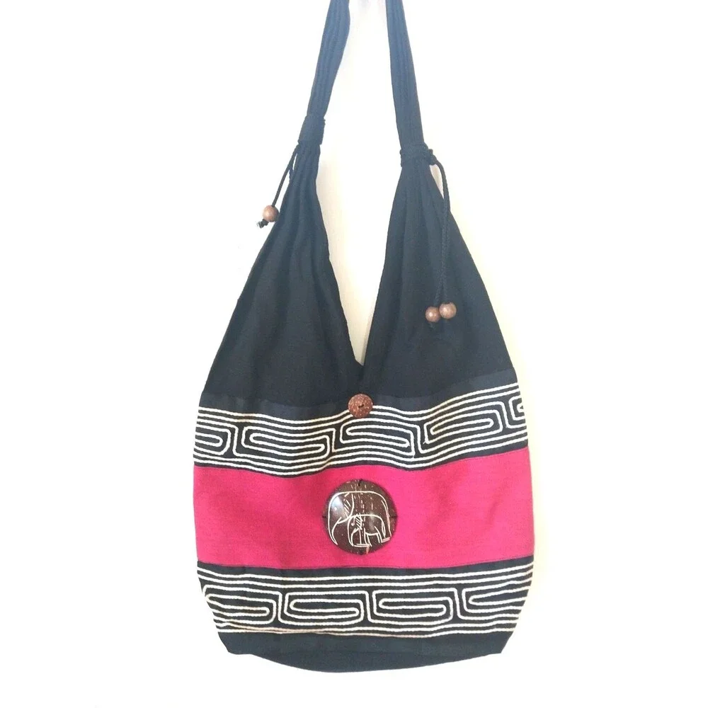 Boho India Hobo Sak Bag Cotton Retro Women's Bead Accent Black/Pink/White